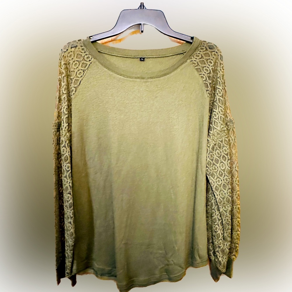 LAISHEN Women's Long Sleeve Tops Lace Casual Loose Round Neck, size L